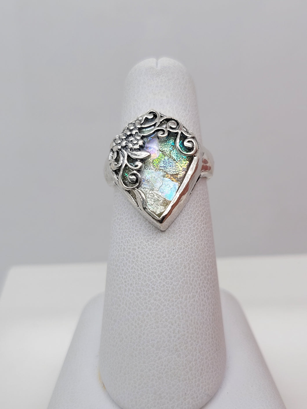 Sterling Silver Roman Glass Floral Ring- 7