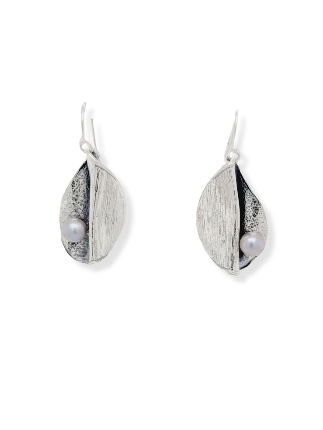 Grey Pearl and Folded Sterling Silver Earrings