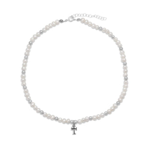 13" +2" Extension  White Cultured Freshwater Pearl and Silver Bead Necklace with Cross Drop
