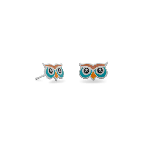 Blue/Tan Owl Face Stud Earrings