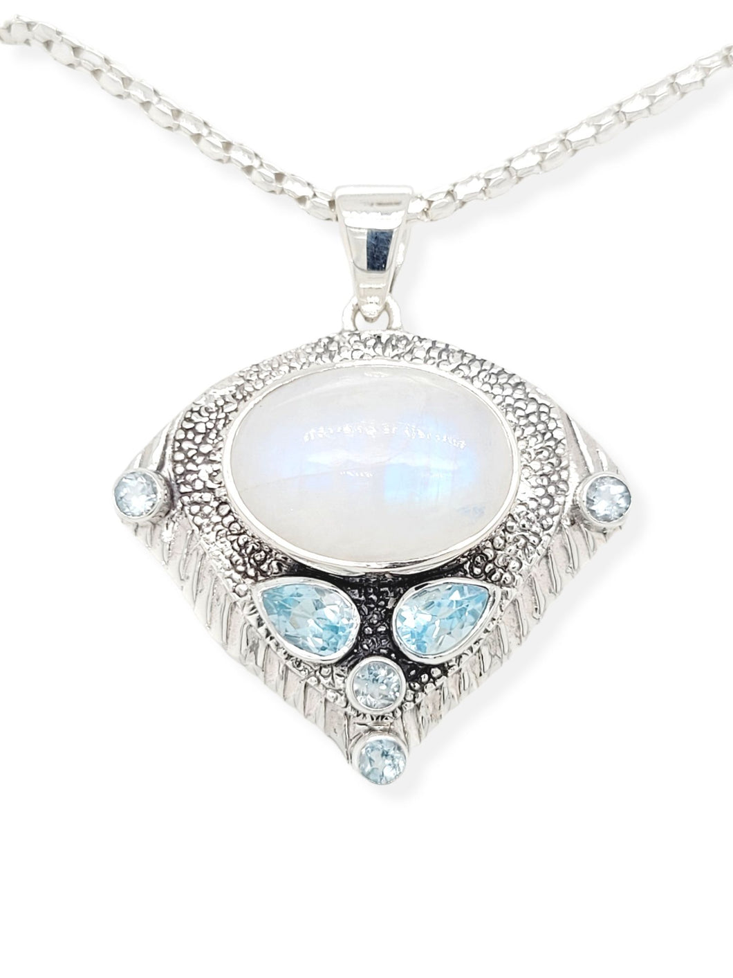Sterling Silver Blue Topaz Oval Moonstone on Triangle Pendant Necklace