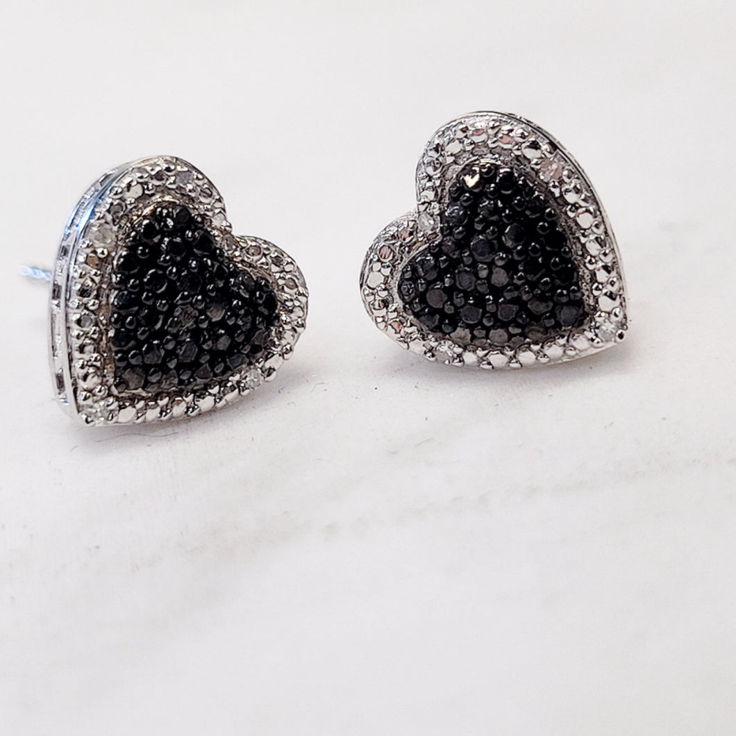 Sterling Silver Black Diamond Heart Earrings