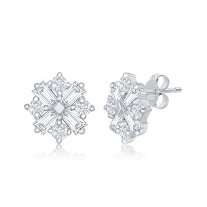 Sterling Silver Baguette & Round CZ Round Stud Earrings