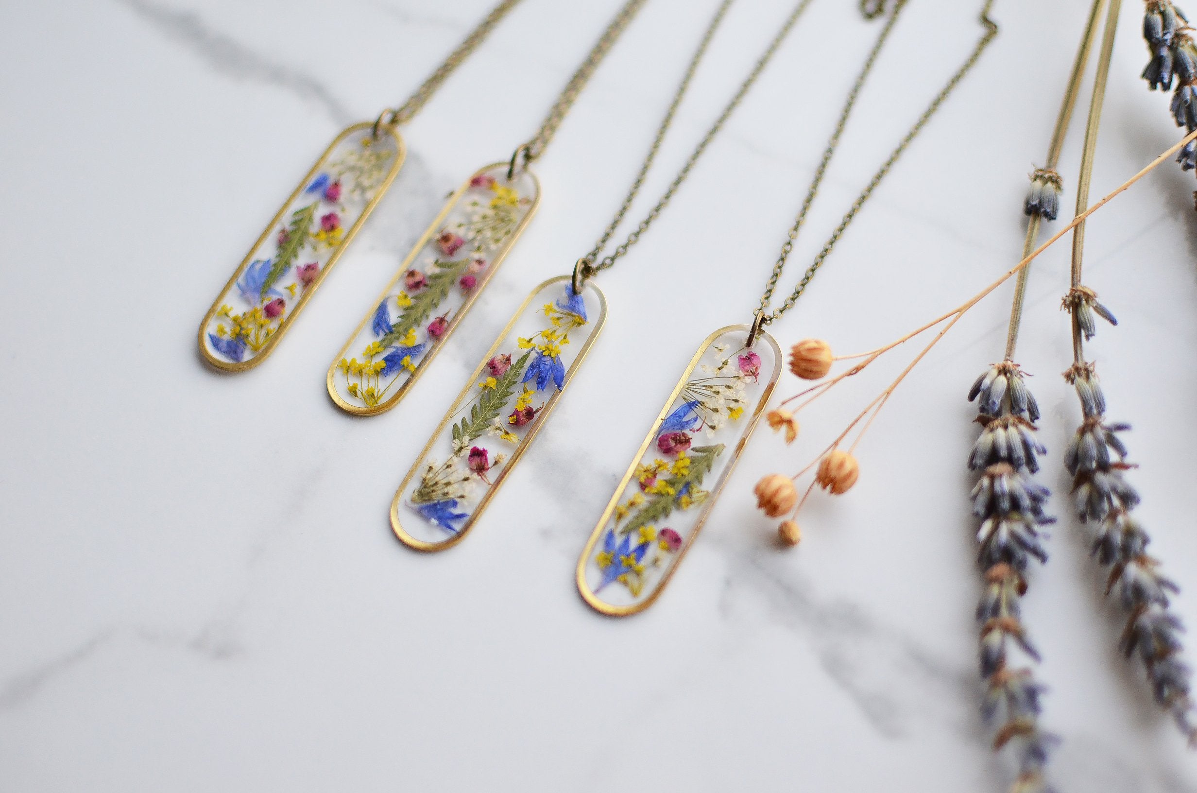 Pressed flower brass bar necklace - Meadow Walker