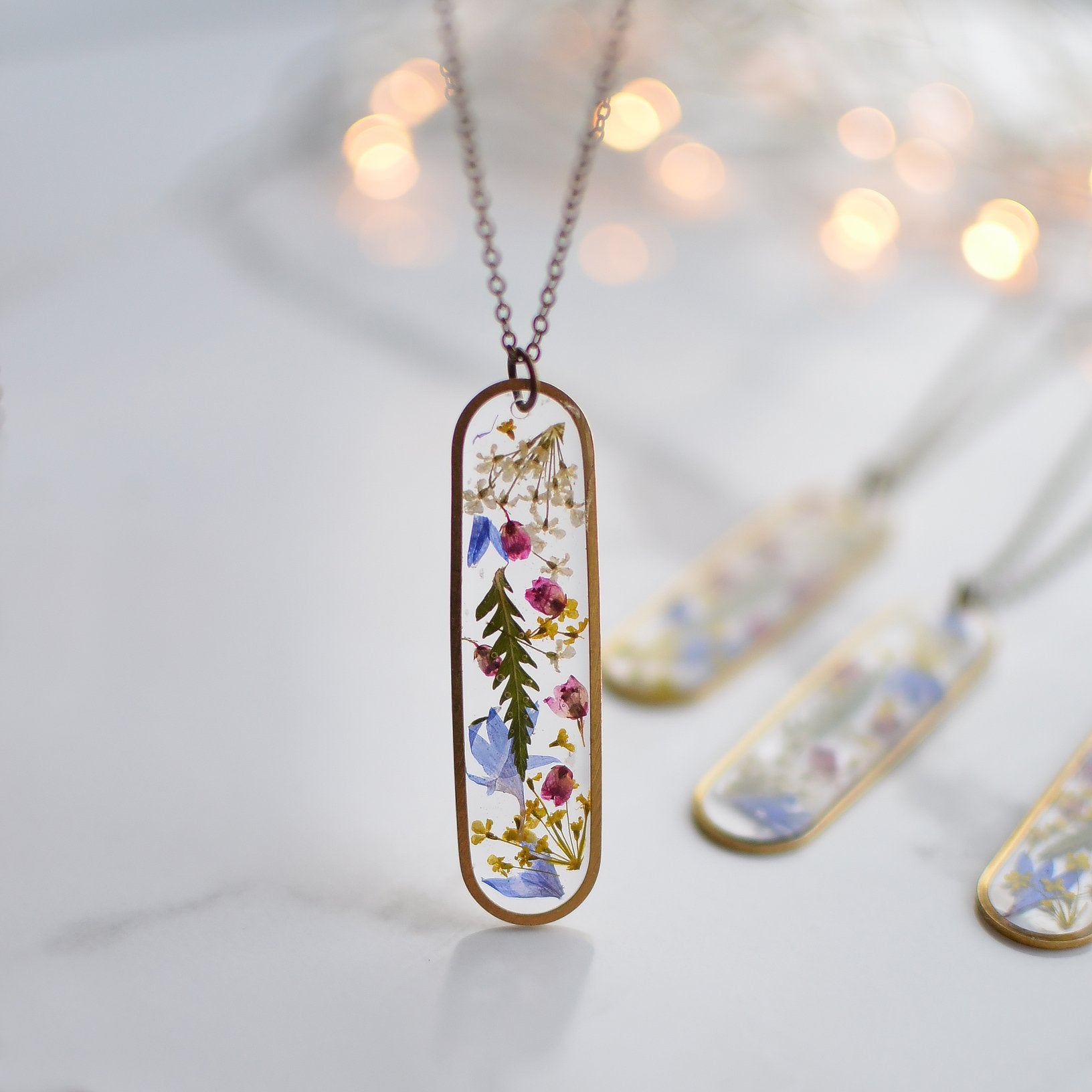 Pressed flower brass bar necklace - Meadow Walker