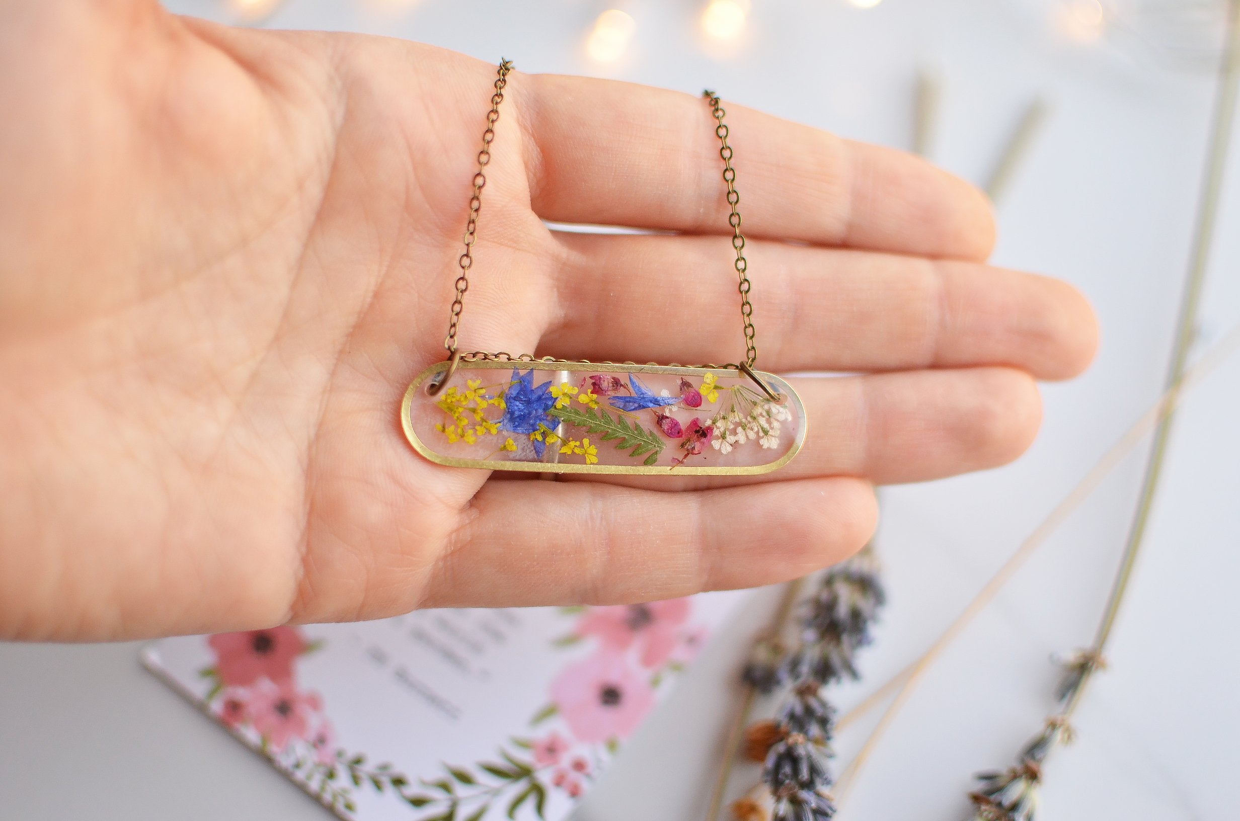 Pressed flower brass bar necklace - Meadow Walker