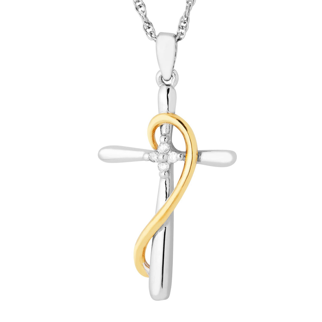 Sterling Silver Cross with Gold Plated Swirl and Diamonds Necklace