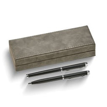 Load image into Gallery viewer, Black Ink Roller Ball and Ball-point Pen Set in Gray Leatherette Gift Box