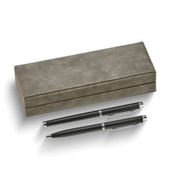 Black Ink Roller Ball and Ball-point Pen Set in Gray Leatherette Gift Box