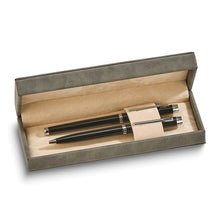 Load image into Gallery viewer, Black Ink Roller Ball and Ball-point Pen Set in Gray Leatherette Gift Box