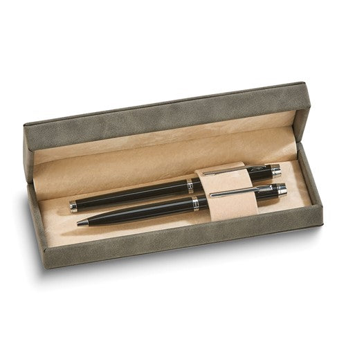 Black Ink Roller Ball and Ball-point Pen Set in Gray Leatherette Gift Box