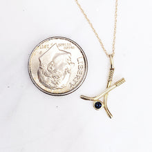 Load image into Gallery viewer, 14k Hockey Sticks and Puck Necklace with Dark Blue Sapphire Puck