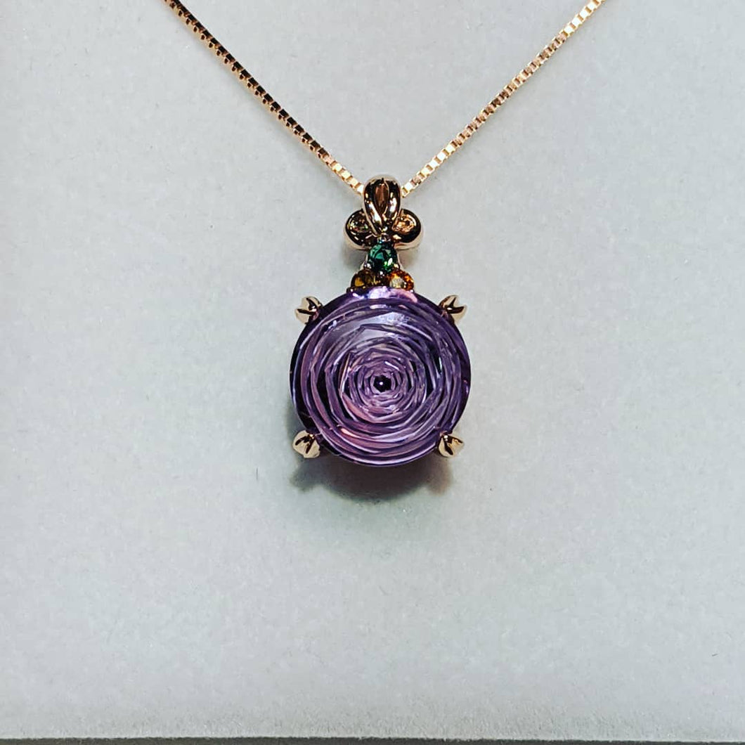 Custom Rose Cut Amethyst Necklace with Citrine and Emerald in Rose Gold