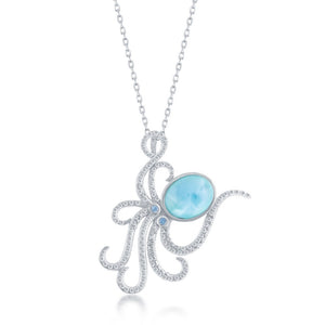 Sterling Silver Octopus Larimar and Blue CZ Necklace