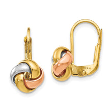 Load image into Gallery viewer, 14K Tri-Color Polished Love Knot Leverback Earrings