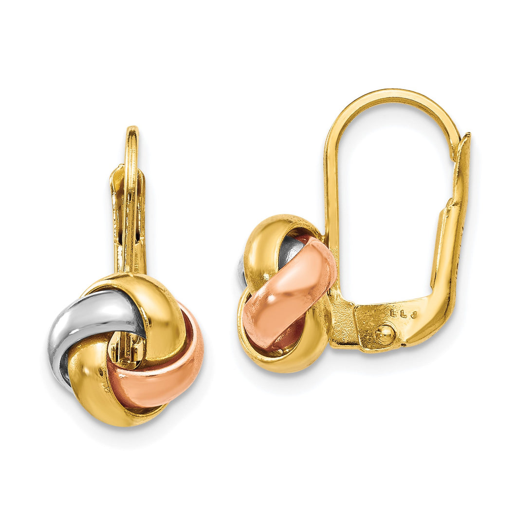 14K Tri-Color Polished Love Knot Leverback Earrings