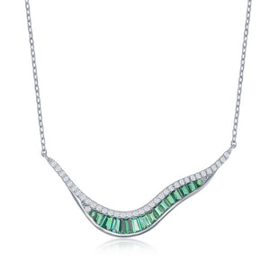  Sterling Silver 'V' Shape Baguette Necklace - Green CZ