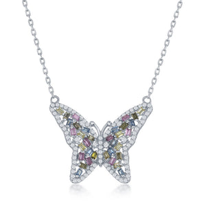  Sterling Silver Baguette Pink, Blue & Golden CZ Butterfly Necklace 16"