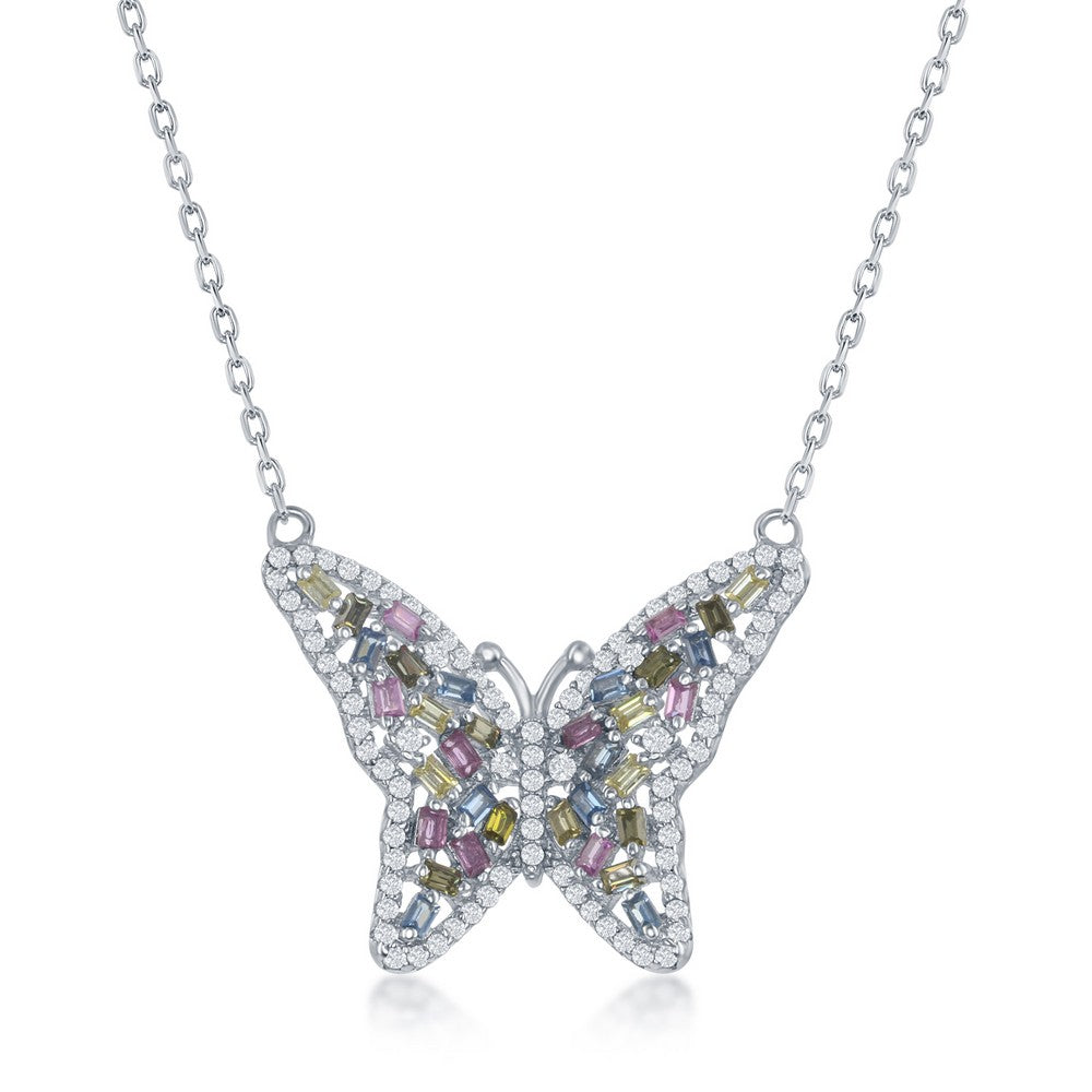  Sterling Silver Baguette Pink, Blue & Golden CZ Butterfly Necklace 16