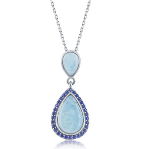  Sterling Silver Double Pear-Shaped Larimar with "Blue Sapphire" CZ Necklace 16"