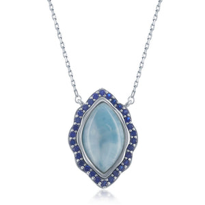  Sterling Silver Marquise Larimar with "Blue Sapphire" CZ Border Necklace 16"