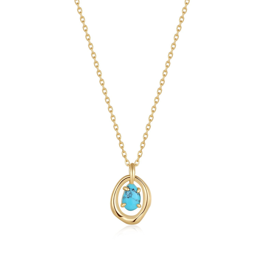 Gold Turquoise Wave Circle Pendant Necklace
