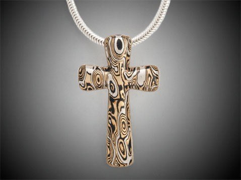 Mokume cross neck - copper, brass, SS 32*21mm