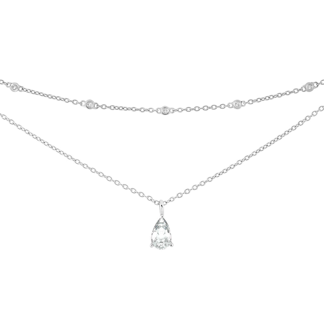 Sterling Silver Pear Shaped CZ and Station Bead Layered Necklace