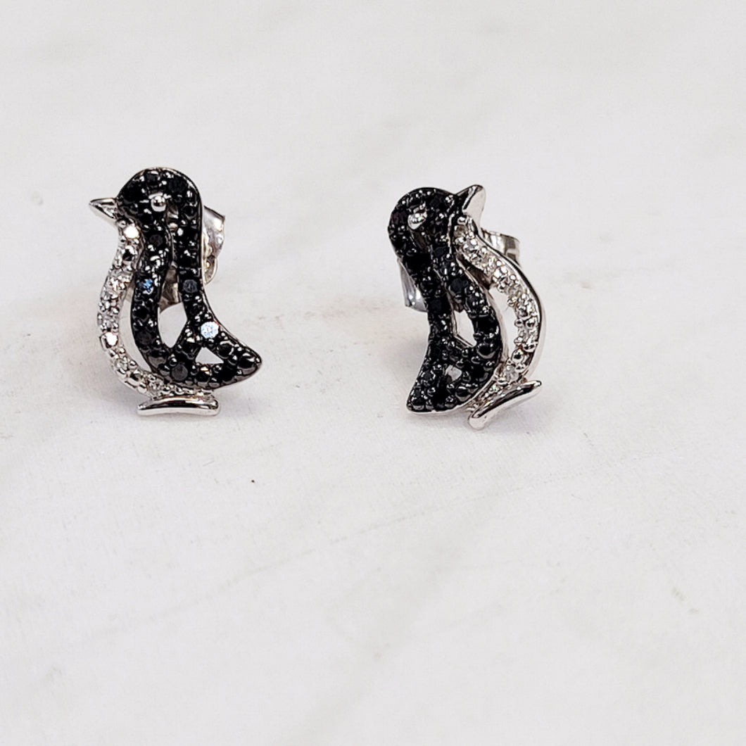 Sterling Silver Black Diamond Penguin Earrings