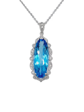 Blue Topaz Elongated Oval and Diamond 14k White Gold Pendant