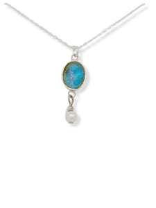 Sterling Silver Roman Glass Oval Pendant with Pearl Accent Necklace