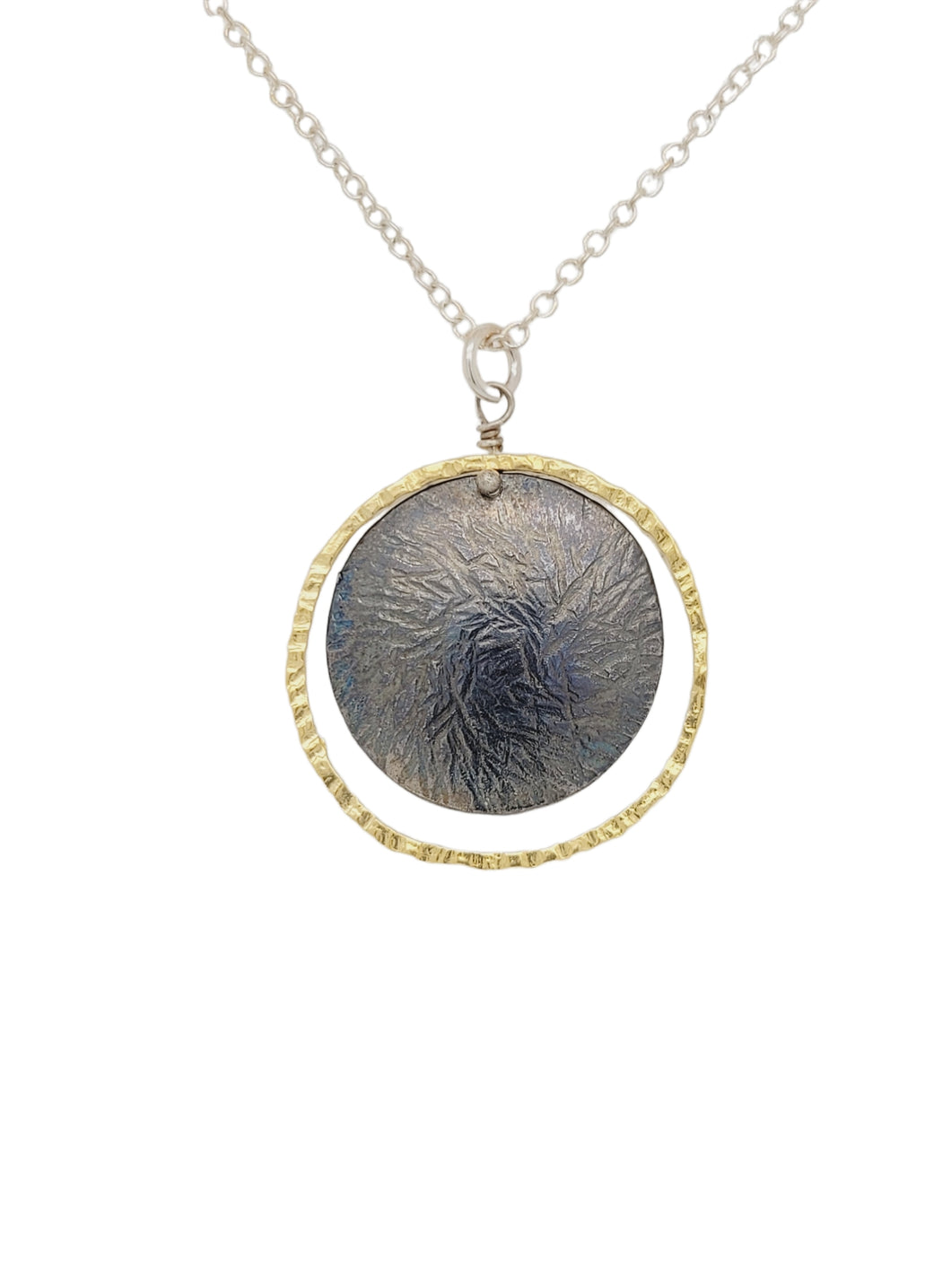 Gold plated circle & oxidized sterling silver round pendant