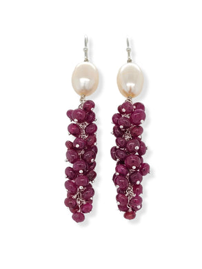 Pearl and Ruby Cluster Dangle Earrings