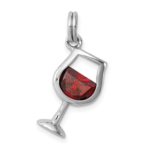 Sterling Silver Rhodium-plated Red CZ Wine Glass Charm