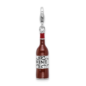 Amore La Vita Sterling Silver Rhodium-plated Polished 3-D Enameled Red Wine Bottle Charm with Fancy Lobster Clasp
