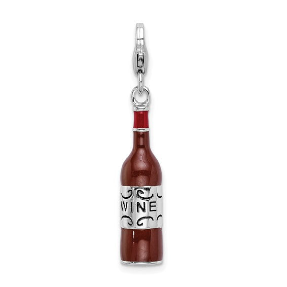 Amore La Vita Sterling Silver Rhodium-plated Polished 3-D Enameled Red Wine Bottle Charm with Fancy Lobster Clasp