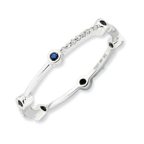 Sterling Silver Stack Exp Polished Created Sapphire and Diamond Ring