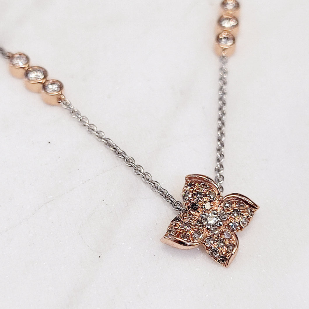 10k Rose Gold Diamond Flower and Sterling Silver Necklace