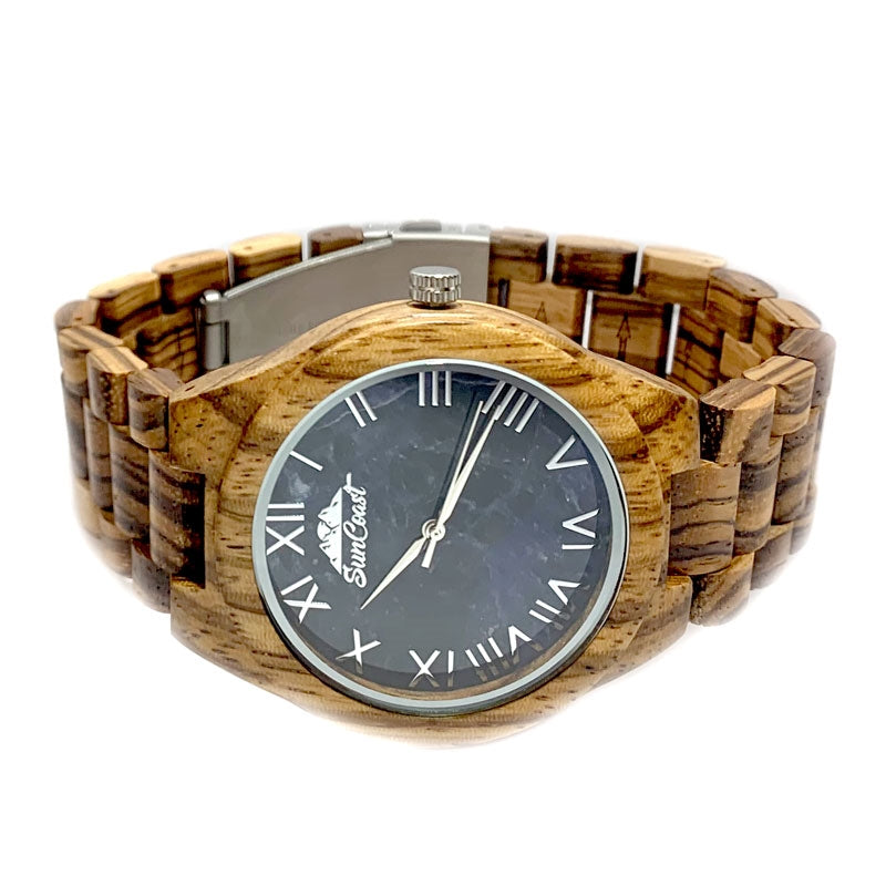 Zebra Wood Watch With Blue Marble Face