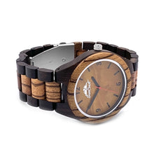 Load image into Gallery viewer, Two Tone Zebrawood and Ebony Sandalwood Watch With Whiskey Wood Dial