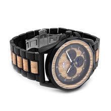 Load image into Gallery viewer, Black Stainless Steel and Whiskey Barrel Wood Watch with Round Steel/Wood Dial and Day/Night Indicator