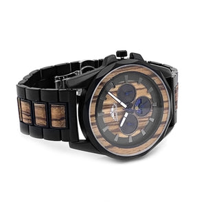 Black Stainless Steel and Zebrawood Watch with Round Steel/Wood Dial and Day/Night Indicator