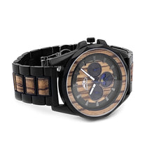 Load image into Gallery viewer, Black Stainless Steel and Zebrawood Watch with Round Steel/Wood Dial and Day/Night Indicator