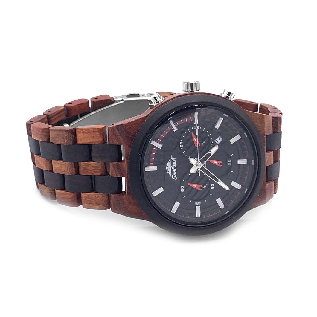 Two Tone Red and Ebony Sandalwood Chronograph Watch With Date