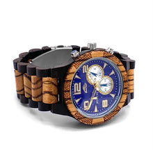 Load image into Gallery viewer, Ebony Sandalwood and Zebrawood Chronograph Watch with Blue Dial and Gold Accents