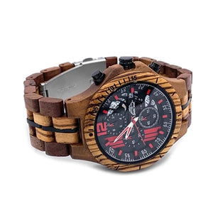 Zebrawood and Sandalwood Chronograph Watch With Date and Red Accents