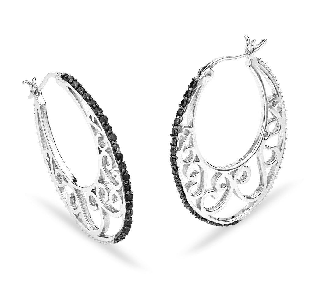 Silver Filigree with Black CZ Accent Trimmings Hoop Style Earrings