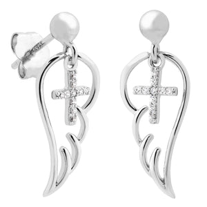 Sterling Silver Angel Wing Earrings with CZ Crosses