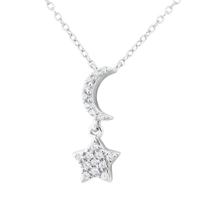 Silver and CZ Moon and Star Necklace