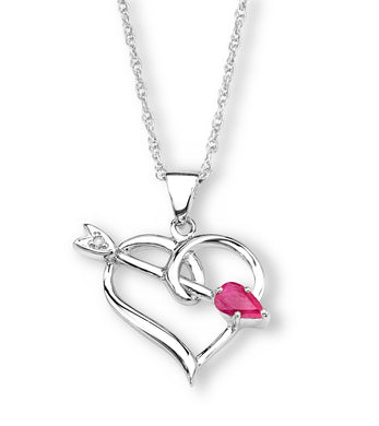 Sterling Silver Heart Necklace with Arrow and Created Pink Stone and CZ